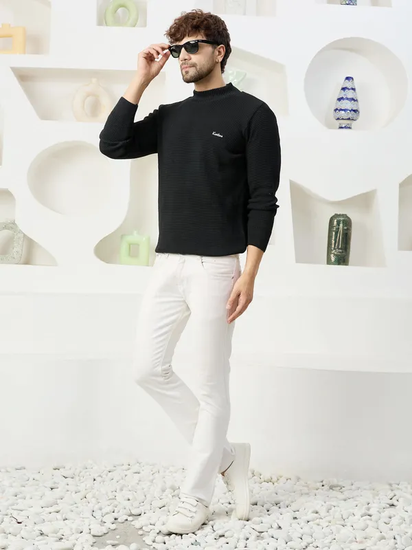 Black_Mens_High_Neck_Self_Knitted_Plain_Sweater