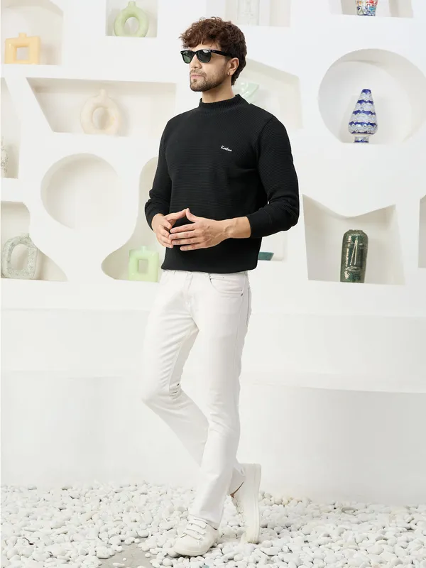 Black_Mens_High_Neck_Self_Knitted_Plain_Sweater