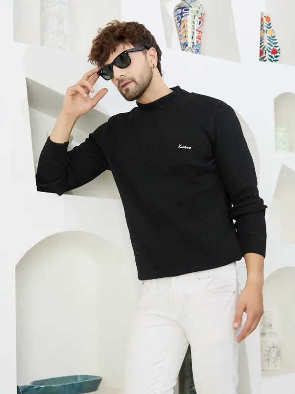 Black_Mens_High_Neck_Self_Knitted_Plain_Sweater