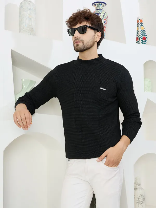 Black_Mens_High_Neck_Self_Knitted_Plain_Sweater