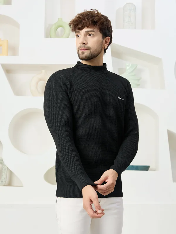 Black_Mens_High_Neck_Self_Knitted_Plain_Sweater