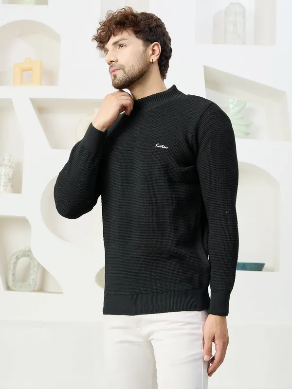 Black_Mens_High_Neck_Self_Knitted_Plain_Sweater