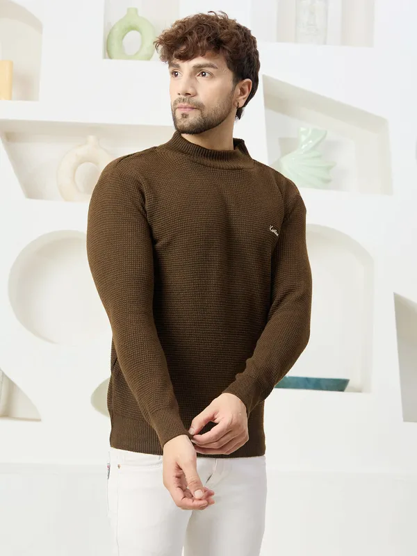Brown_Mens_High_Neck_Self_Knitted_Plain_Sweater
