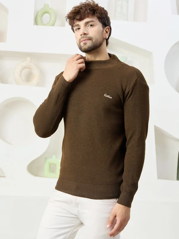 Brown_Mens_High_Neck_Self_Knitted_Plain_Sweater