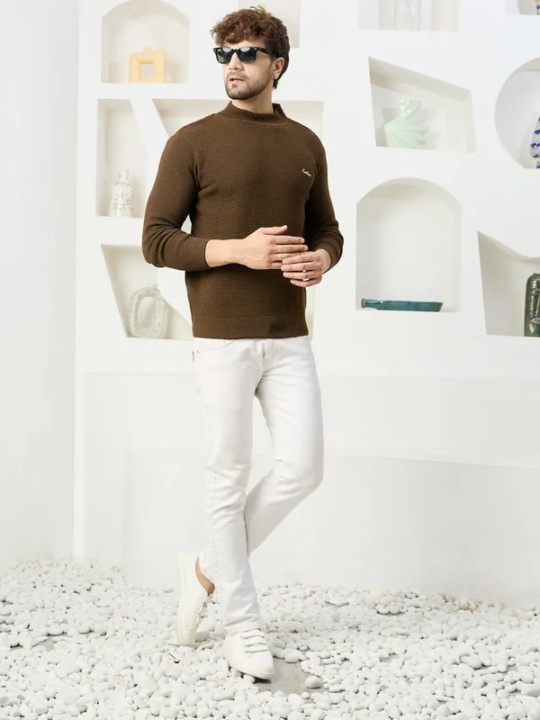 Brown_Mens_High_Neck_Self_Knitted_Plain_Sweater