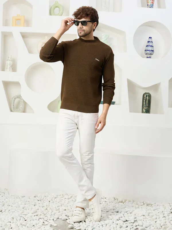 Brown_Mens_High_Neck_Self_Knitted_Plain_Sweater