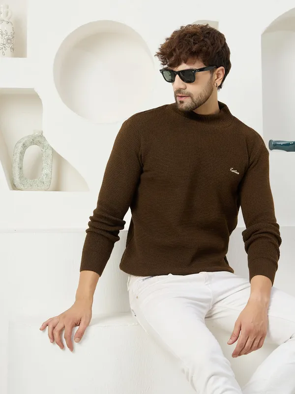 Brown_Mens_High_Neck_Self_Knitted_Plain_Sweater