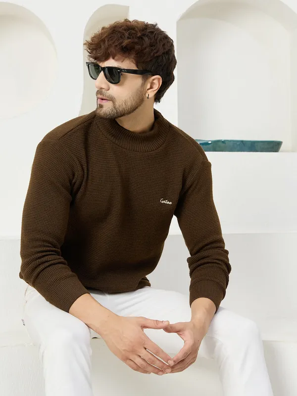 Brown_Mens_High_Neck_Self_Knitted_Plain_Sweater