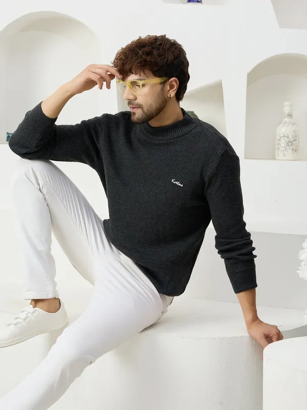Dark-Grey_Mens_High_Neck_Self_Knitted_Plain_Sweater