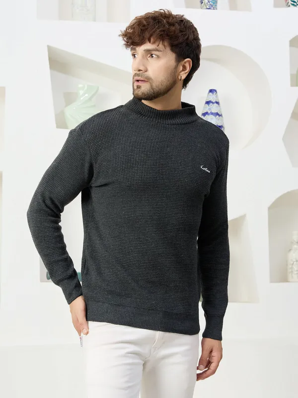 Dark-Grey_Mens_High_Neck_Self_Knitted_Plain_Sweater