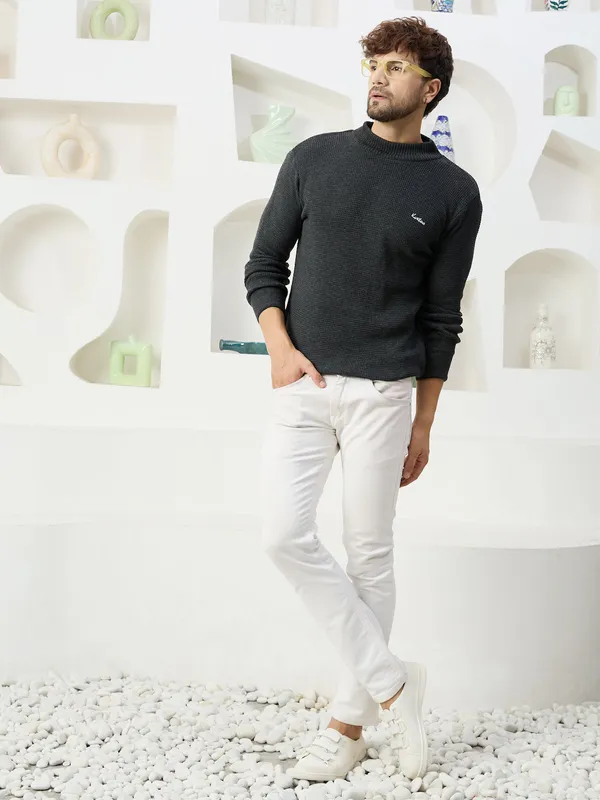 Dark-Grey_Mens_High_Neck_Self_Knitted_Plain_Sweater