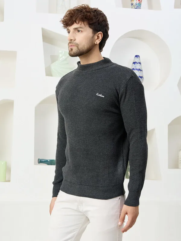 Dark-Grey_Mens_High_Neck_Self_Knitted_Plain_Sweater