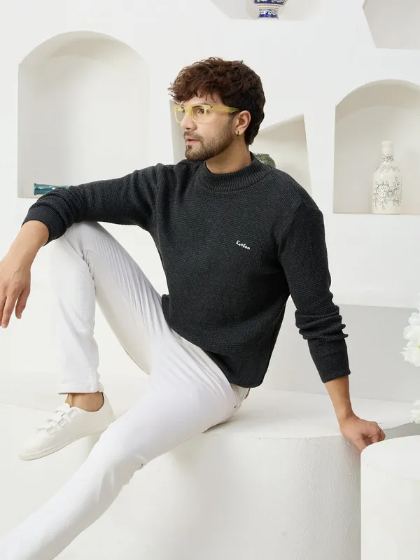 Dark-Grey_Mens_High_Neck_Self_Knitted_Plain_Sweater