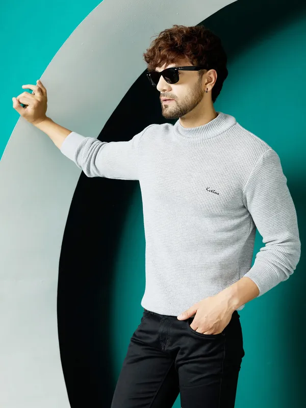 Grey_Mens_High_Neck_Self_Knitted_Plain_Sweater