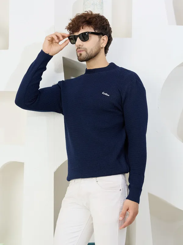 Navy_Mens_High_Neck_Self_Knitted_Plain_Sweater