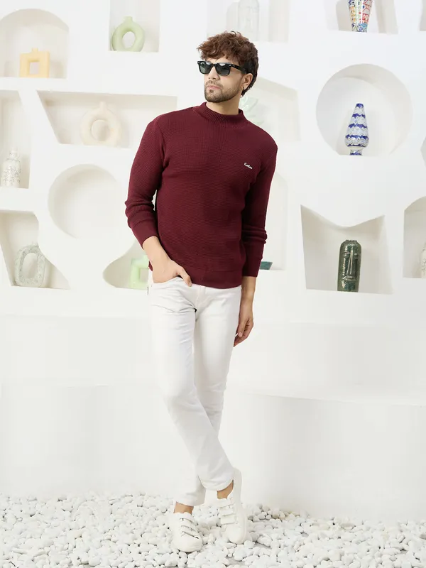 Wine_Mens_High_Neck_Self_Knitted_Plain_Sweater