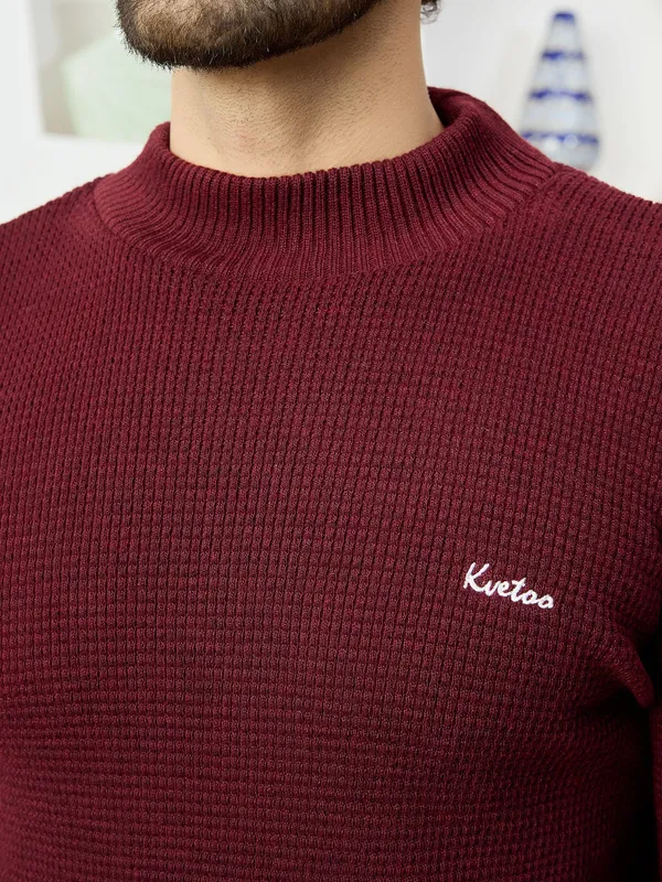 Wine_Mens_High_Neck_Self_Knitted_Plain_Sweater