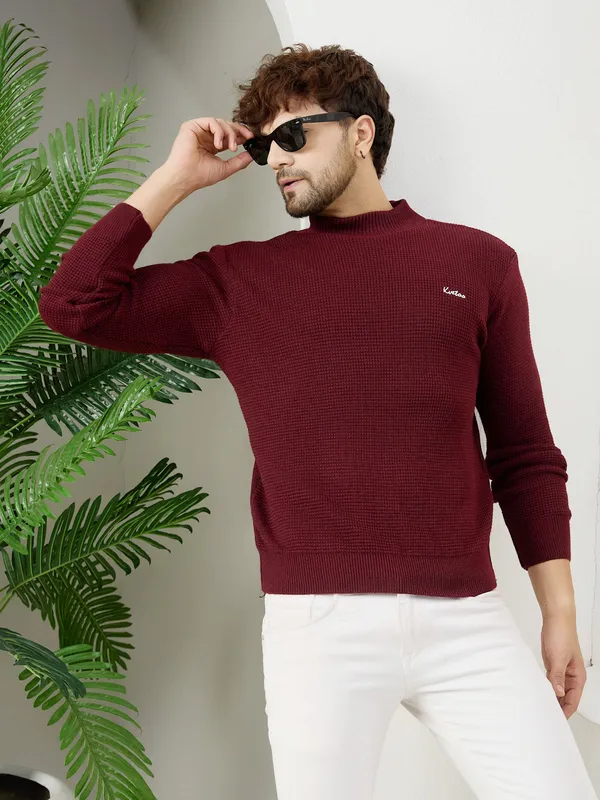 Wine_Mens_High_Neck_Self_Knitted_Plain_Sweater