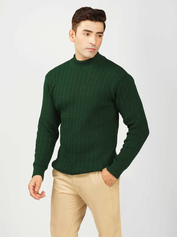 Bottle_Green_Men's_Small_Cable_Knit_High_Neck_Sweater_Winter_Warm_Slim_Fit_Pullover