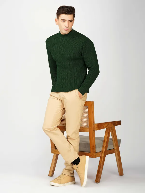 Bottle_Green_Men's_Small_Cable_Knit_High_Neck_Sweater_Winter_Warm_Slim_Fit_Pullover