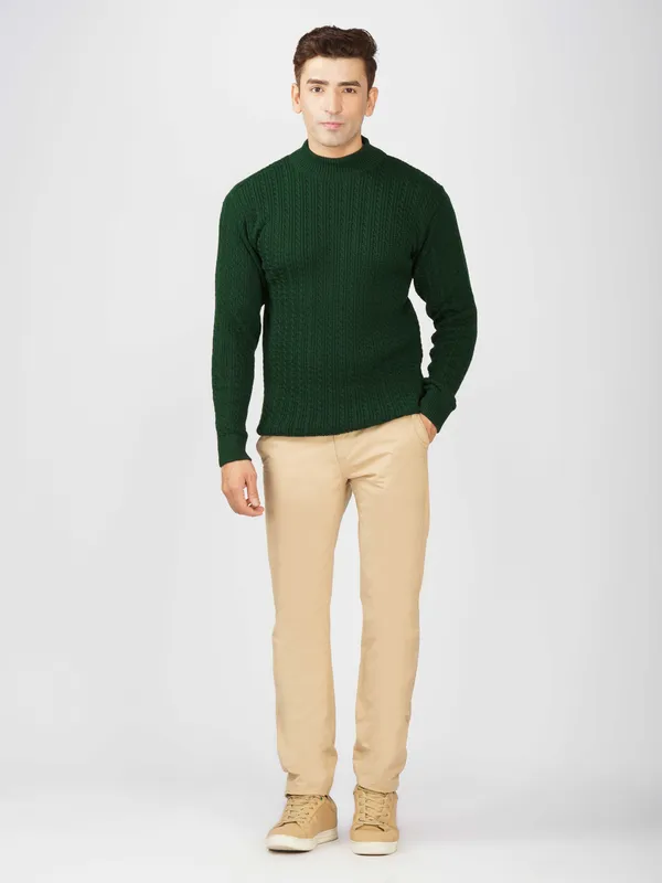 Bottle_Green_Men's_Small_Cable_Knit_High_Neck_Sweater_Winter_Warm_Slim_Fit_Pullover