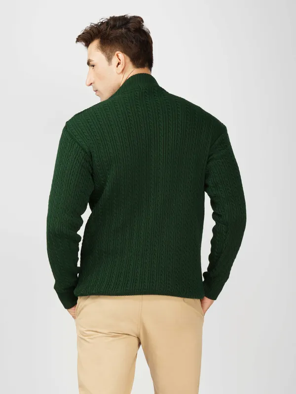 Bottle_Green_Men's_Small_Cable_Knit_High_Neck_Sweater_Winter_Warm_Slim_Fit_Pullover