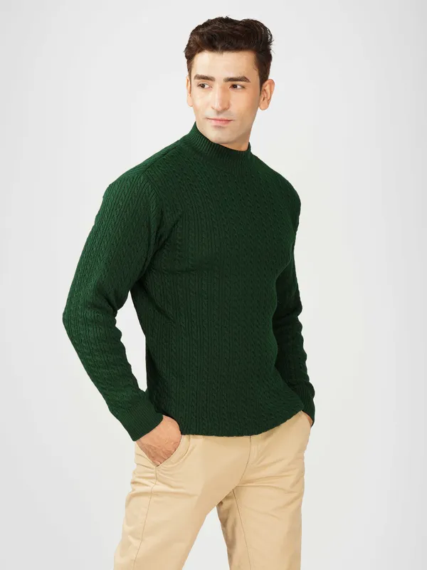 Bottle_Green_Men's_Small_Cable_Knit_High_Neck_Sweater_Winter_Warm_Slim_Fit_Pullover