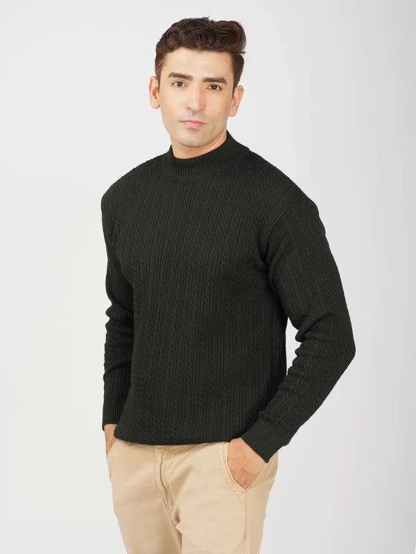 Black_Men's_Small_Cable_Knit_High_Neck_Sweater_Winter_Warm_Slim_Fit_Pullover
