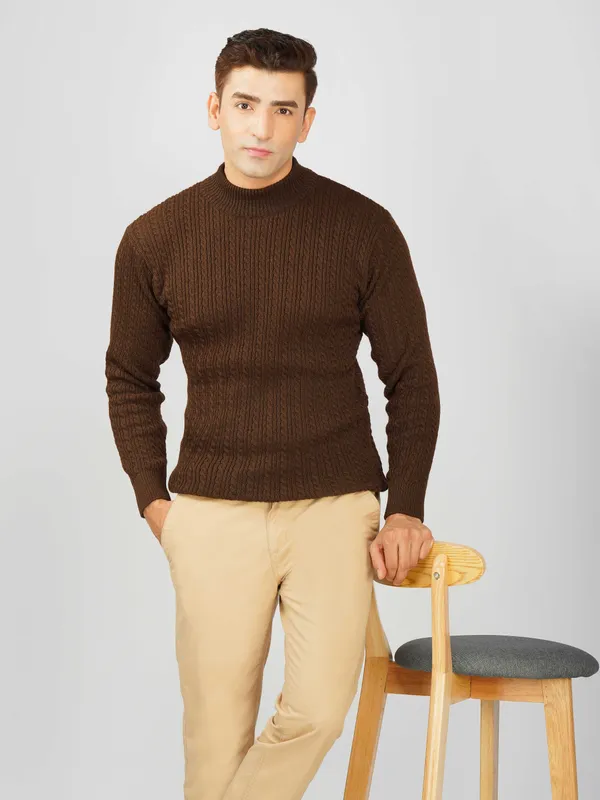 Brown_Men's_Small_Cable_Knit_High_Neck_Sweater_Winter_Warm_Slim_Fit_Pullover
