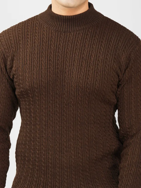 Brown_Men's_Small_Cable_Knit_High_Neck_Sweater_Winter_Warm_Slim_Fit_Pullover