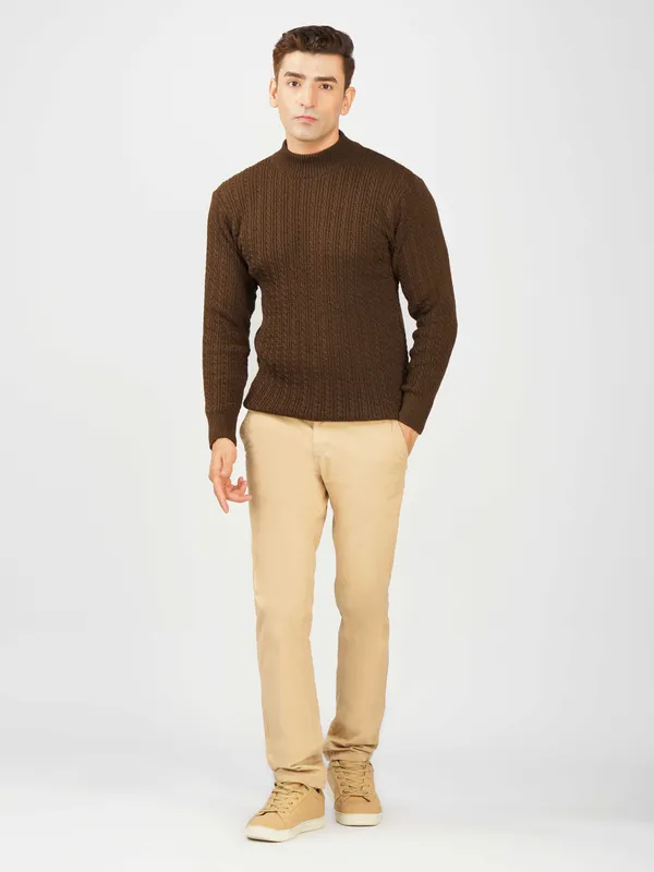 Brown_Men's_Small_Cable_Knit_High_Neck_Sweater_Winter_Warm_Slim_Fit_Pullover