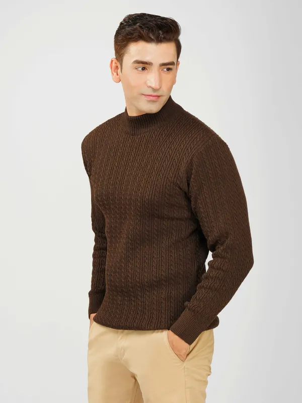Brown_Men's_Small_Cable_Knit_High_Neck_Sweater_Winter_Warm_Slim_Fit_Pullover