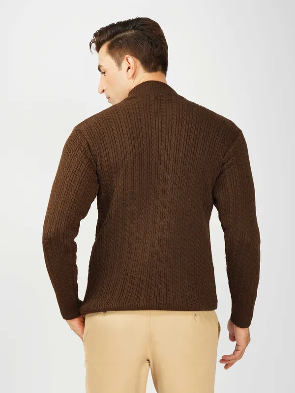 Brown_Men's_Small_Cable_Knit_High_Neck_Sweater_Winter_Warm_Slim_Fit_Pullover