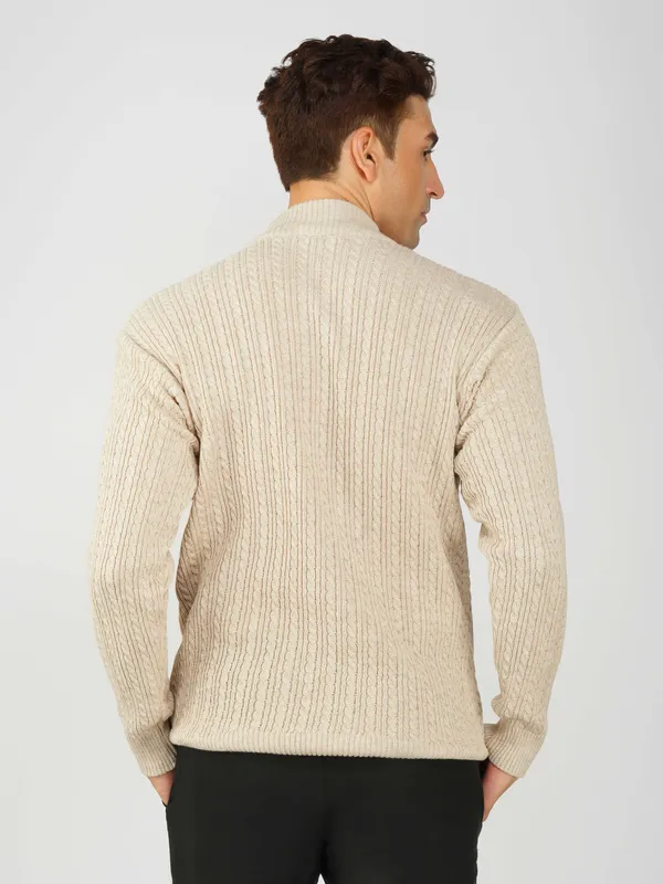 Cream_Men's_Small_Cable_Knit_High_Neck_Sweater_Winter_Warm_Slim_Fit_Pullover