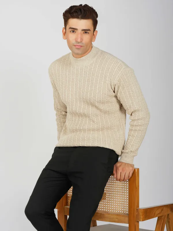Cream_Men's_Small_Cable_Knit_High_Neck_Sweater_Winter_Warm_Slim_Fit_Pullover