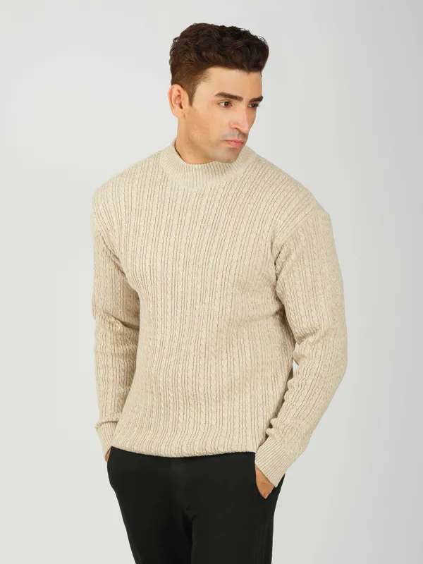 Cream_Men's_Small_Cable_Knit_High_Neck_Sweater_Winter_Warm_Slim_Fit_Pullover