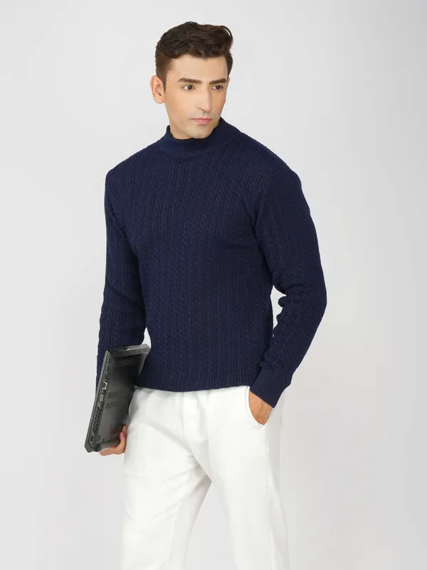 Navy_Men's_Small_Cable_Knit_High_Neck_Sweater_Winter_Warm_Slim_Fit_Pullover