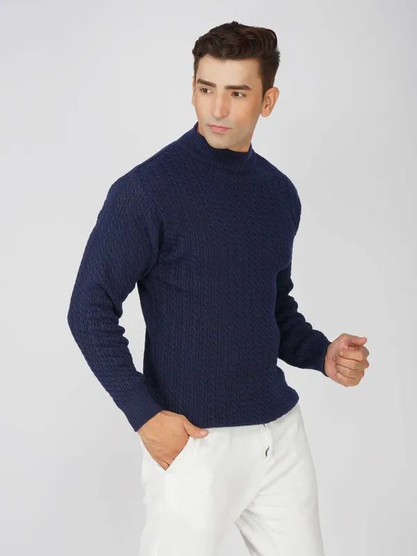 Navy_Men's_Small_Cable_Knit_High_Neck_Sweater_Winter_Warm_Slim_Fit_Pullover