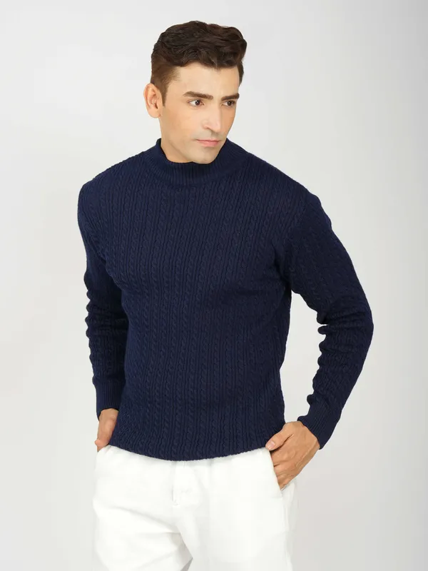 Navy_Men's_Small_Cable_Knit_High_Neck_Sweater_Winter_Warm_Slim_Fit_Pullover