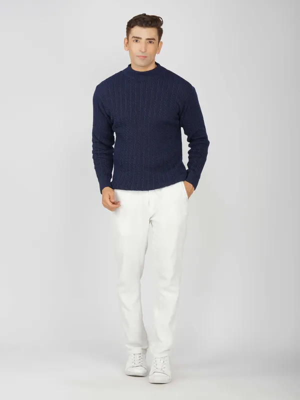 Navy_Men's_Small_Cable_Knit_High_Neck_Sweater_Winter_Warm_Slim_Fit_Pullover