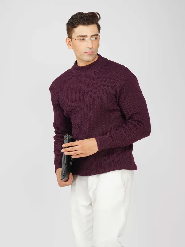 Purple_Men's_Small_Cable_Knit_High_Neck_Sweater_Winter_Warm_Slim_Fit_Pullover