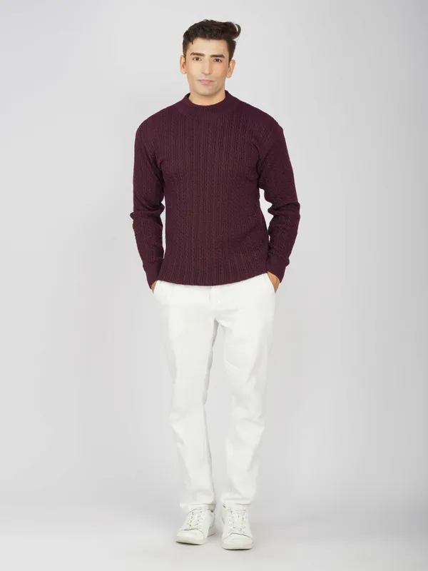 Purple_Men's_Small_Cable_Knit_High_Neck_Sweater_Winter_Warm_Slim_Fit_Pullover