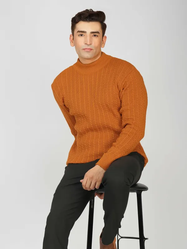 Rust_Men's_Small_Cable_Knit_High_Neck_Sweater_Winter_Warm_Slim_Fit_Pullover
