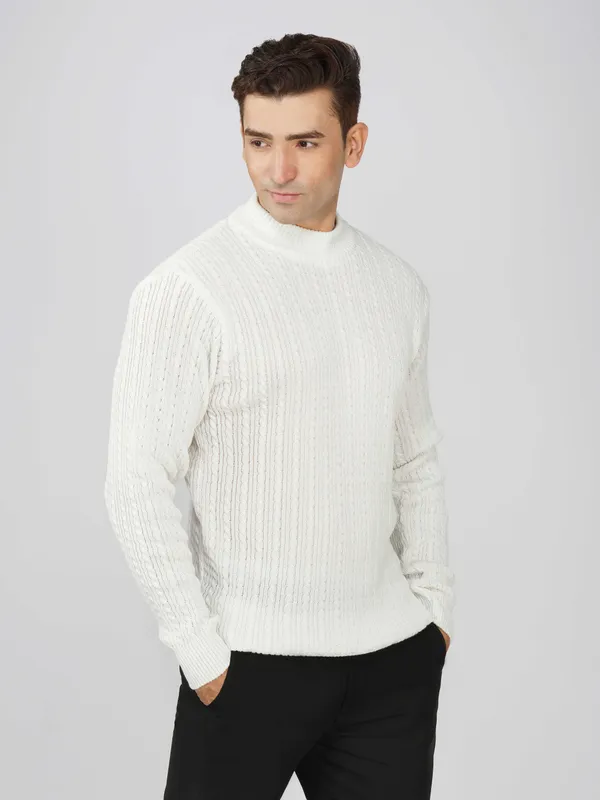 White_Men's_Small_Cable_Knit_High_Neck_Sweater_Winter_Warm_Slim_Fit_Pullover