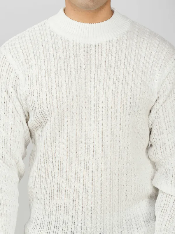 White_Men's_Small_Cable_Knit_High_Neck_Sweater_Winter_Warm_Slim_Fit_Pullover