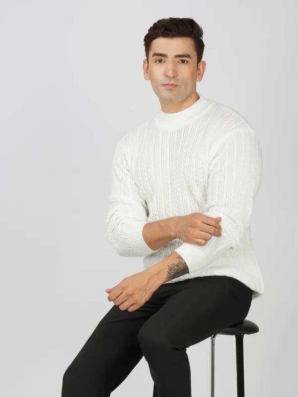 White_Men's_Small_Cable_Knit_High_Neck_Sweater_Winter_Warm_Slim_Fit_Pullover