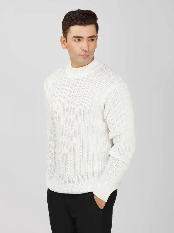 White_Men's_Small_Cable_Knit_High_Neck_Sweater_Winter_Warm_Slim_Fit_Pullover