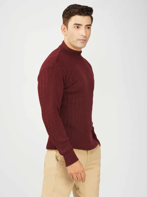 Wine_Men's_Small_Cable_Knit_High_Neck_Sweater_Winter_Warm_Slim_Fit_Pullover