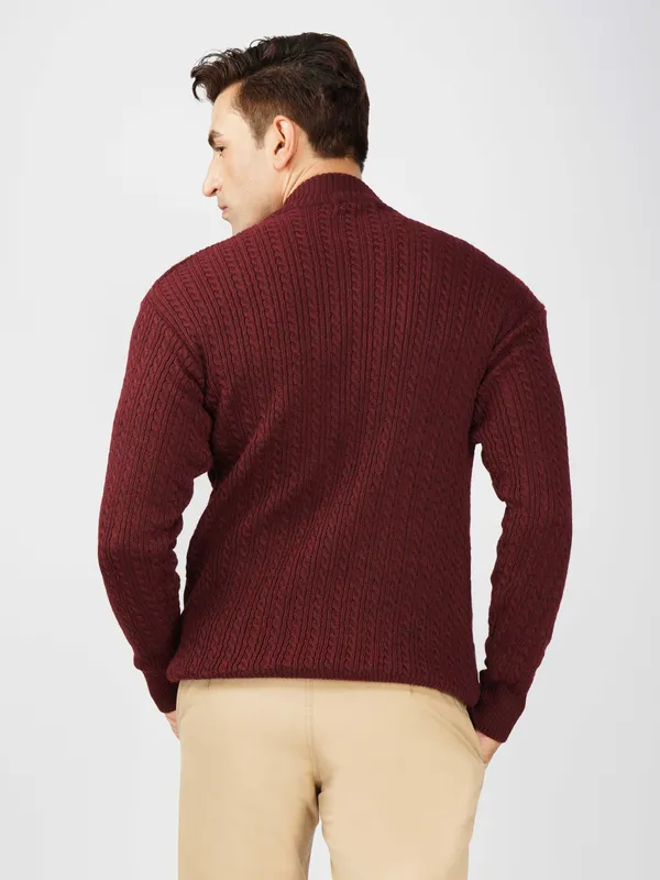 Wine_Men's_Small_Cable_Knit_High_Neck_Sweater_Winter_Warm_Slim_Fit_Pullover