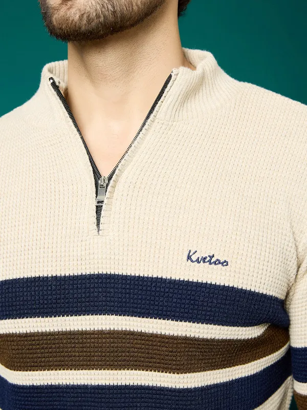Cream_Mens_Half_Zipper_Self_Knitted_Striped_Sweater